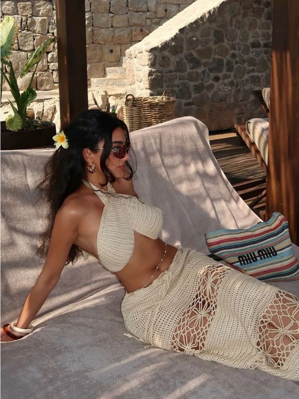 Fashion Nova Cream Crochet Halter Top & Skirt Set